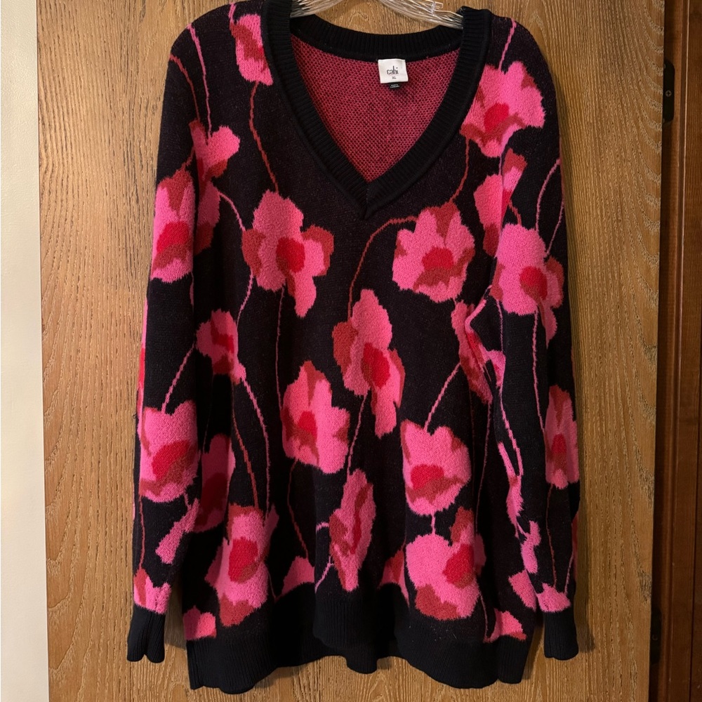 EUC XL CAbi Rococo navy/pink floral sweater style # 4102